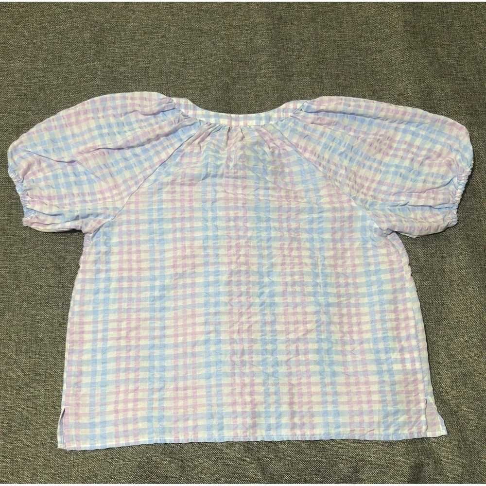 LOFT Women's Medium Blouse Gingham Purple Blue Puff Sleeve Tie Neck